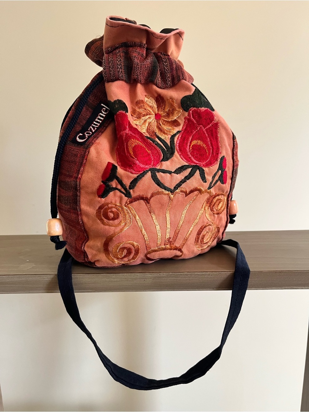Embroidered Pink Floral Drawstring Crossbody Bag